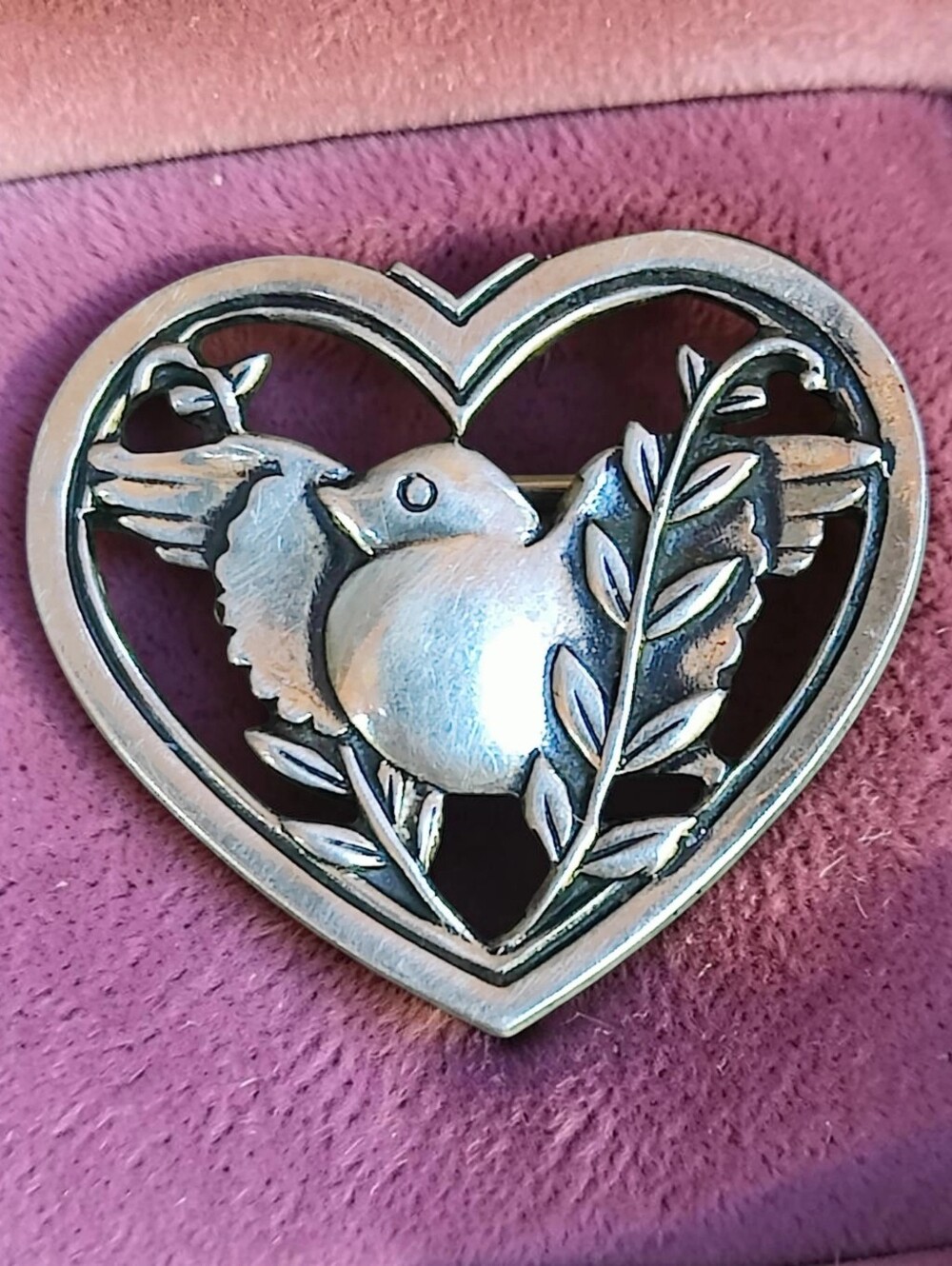 Vintage 1940s Sterling Silver Coral Pegasus Bird Heart Brooch